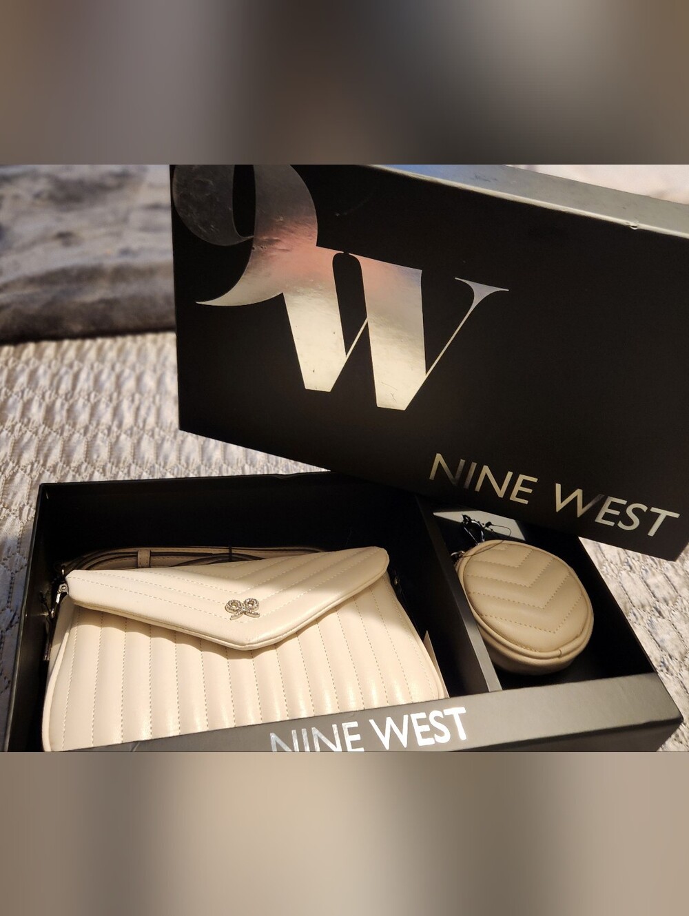 NEW Nine West Cream Quilted Crossbody with Detachable Coin Pouch